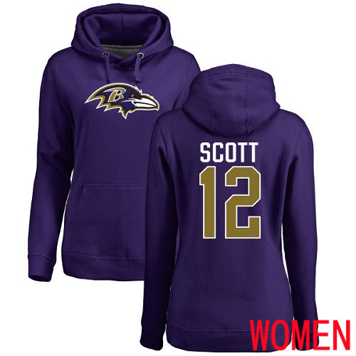 Baltimore Ravens Purple Women Jaleel Scott Name and Number Logo NFL Football #12 Pullover Hoodie Sweatshirt->women nfl jersey->Women Jersey